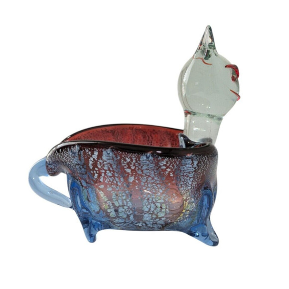 Art Glass Cat Figurine Footed Bowl Sculpture Red Blue Silver Metallic Unique - Picture 3 of 14